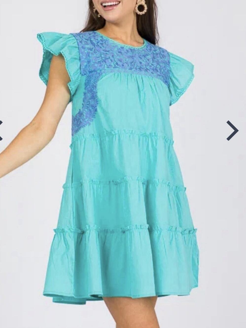 J. Marie Dress Women’s Large Turquoise Emerson Embroidery Tiered Ruffled